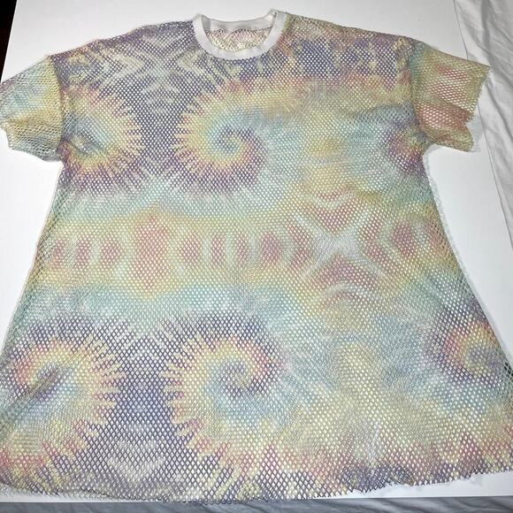 Womens Tie Dye Sheer Mesh Rainbow Oversized Stretchy Short Sleeve Coverup Tee - Picture 6 of 7